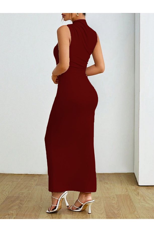 Kadın Soft Touch Sıfır Kol Drape Detay Maxi Elbise - 3