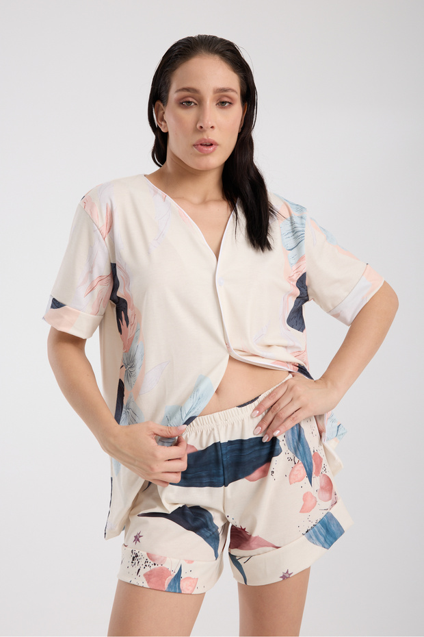Calm Gömlek Şort Düğmeli Pijama Takımı Renkli Desenli Pijama Takımı - 1