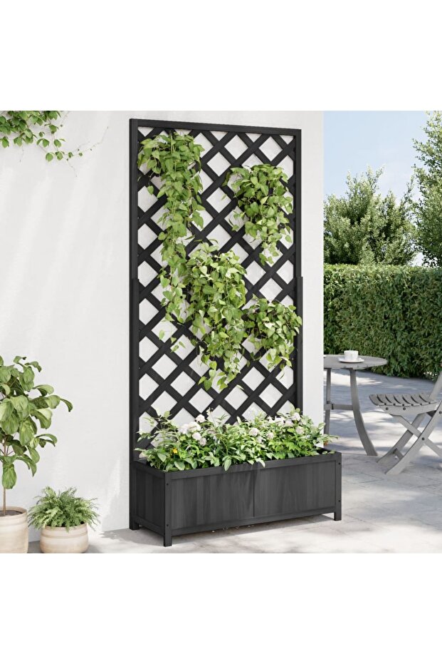 Planter with Trellis Black Solid Wood Fir
