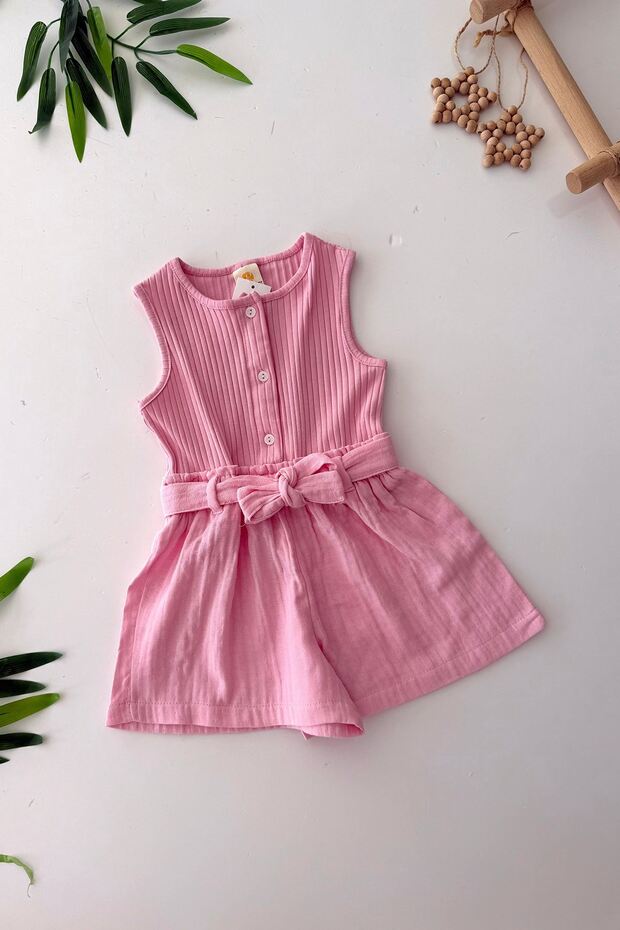 Baby Girl's Cotton Muslin Shorts Detailed Baby Girl Jumpsuit with Button Detail - Pink