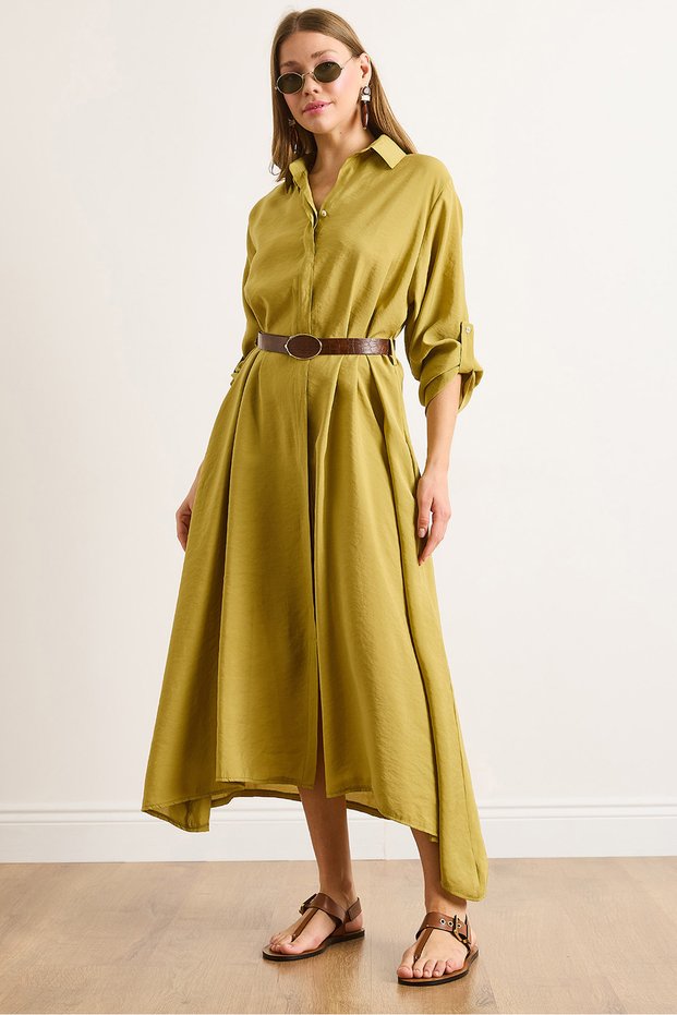 Women's Oil Green Modal Pocket Belt Hidden Placket Maxi Shirt Dress Elb-19002456
