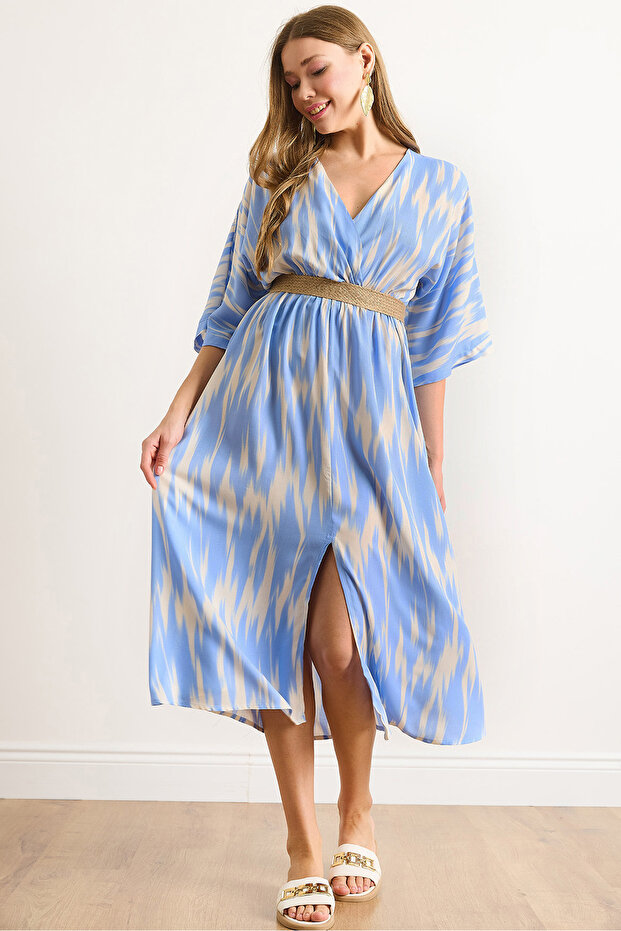 Women's Blue Double Breasted Collar Elastic Waist Slit Maxi Dress Elb-19002460