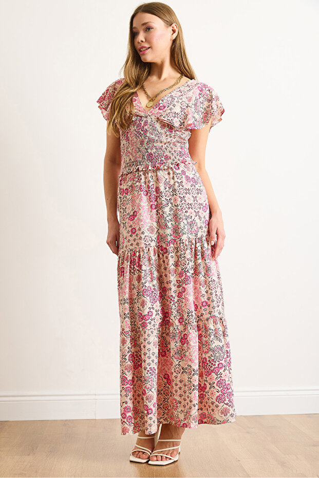 Women's Pink Floral Patterned Woven Viscose Skirt Etk-19000334