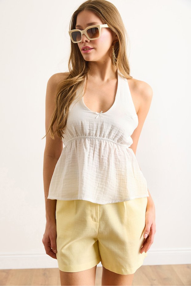 Women's White Halter Neck Bow Detailed Muslin Blouse Blz-19003033