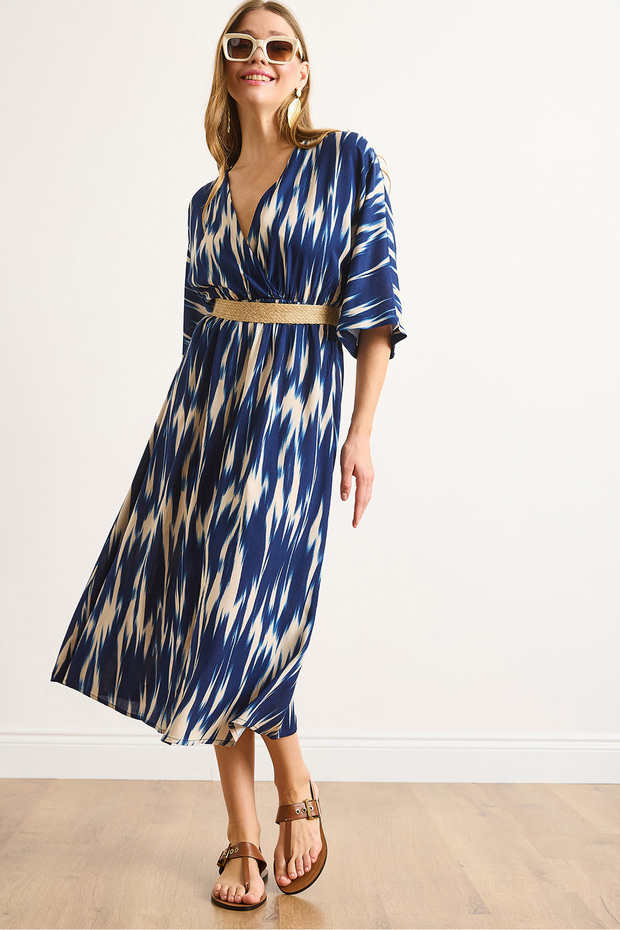 Women's Navy Blue Double Breasted Collar Elastic Waist Slit Maxi Dress Elb-19002460