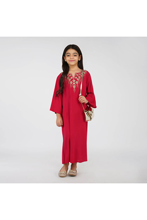 Kids Jalabiya – Cherry Red Maxi with Scalloped V-Neck and Thread Work Detailing