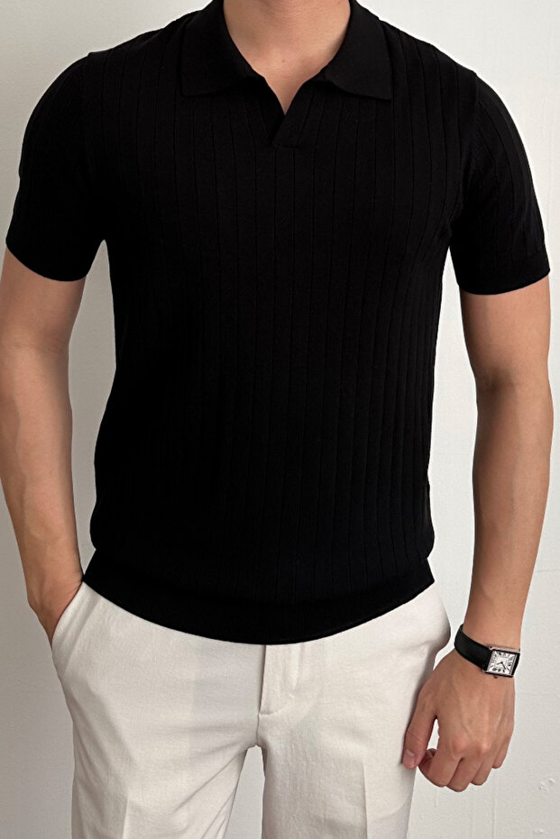 Men's Black Slim Fit Ribbed Polo Neck Knitwear T-Shirt