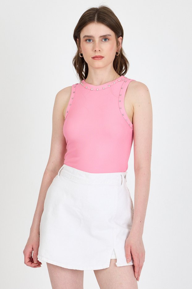 Pink Collar and Shoulder Stone Detailed Ribbed Knitted Athlete 1249