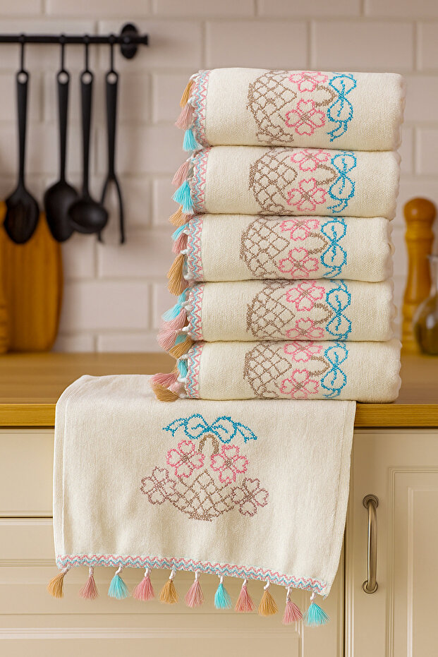 Embroidered Velvet Tasseled 6-Piece 30X50 Kitchen Towel Set