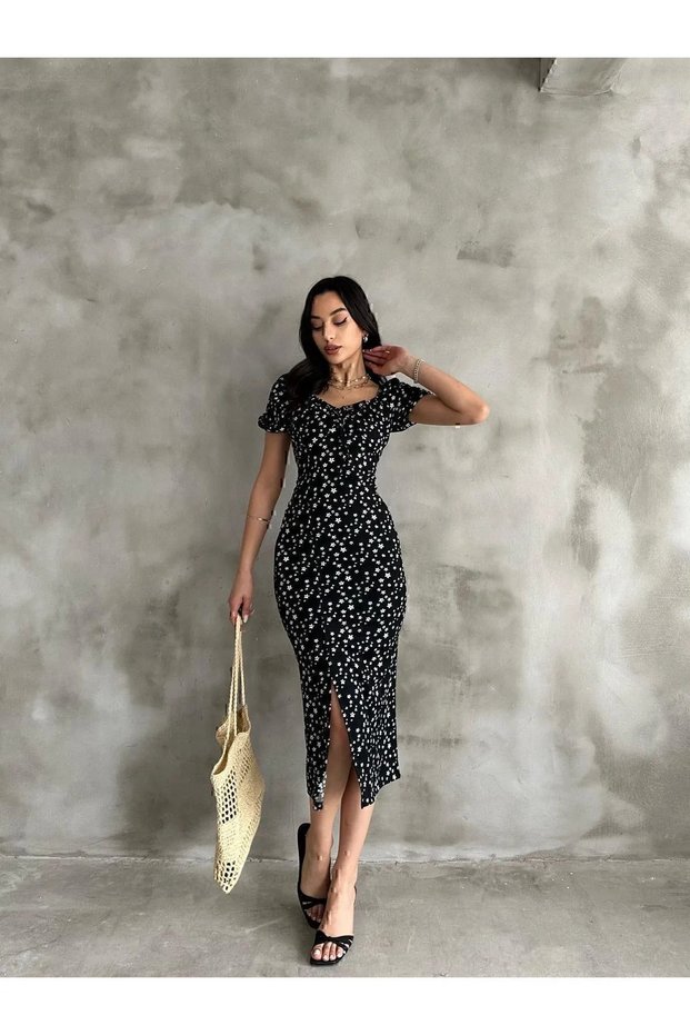 Summer Floral Print Watermelon Sleeve Slit Detail Dress