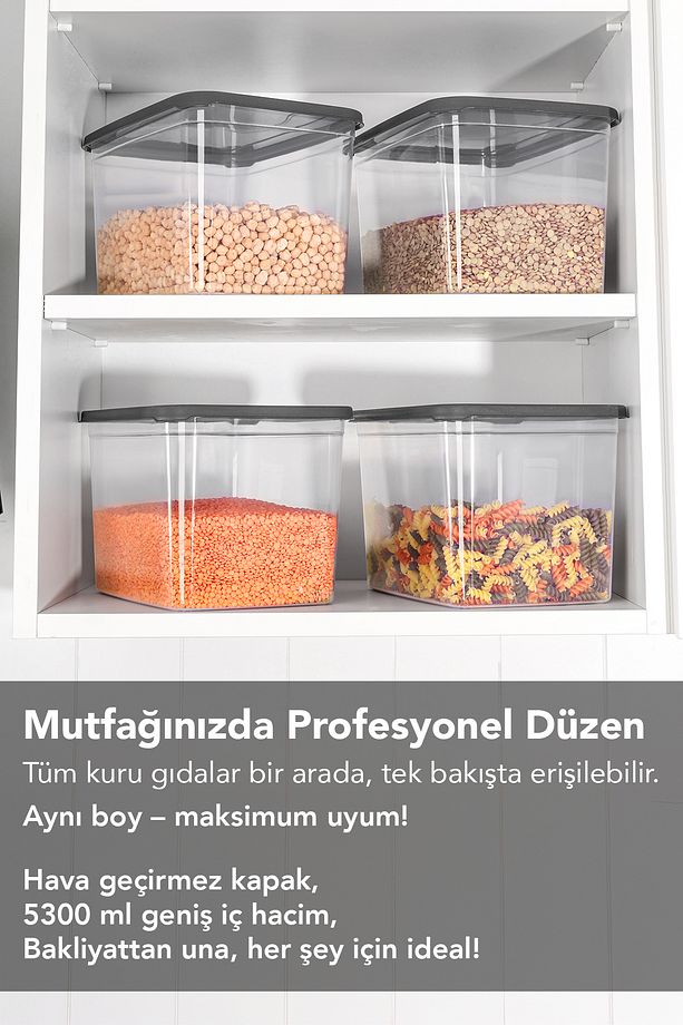 4 Adet Etiketli Derin Erzak Saklama Kabı - Bakliyat Un Kabı Büyük Boy Erzak Kutusu 5300 ml Şeffaf - 3