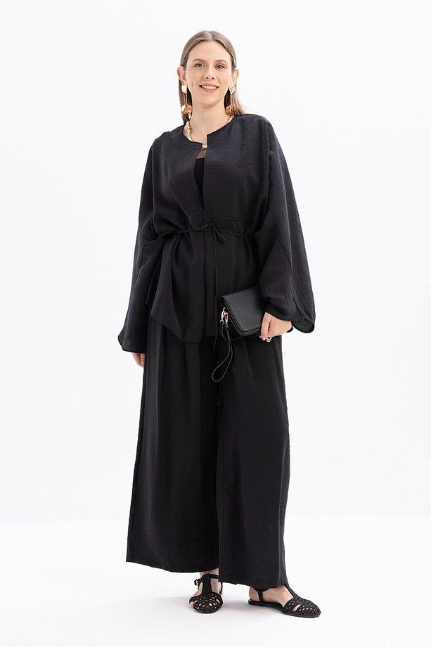 Siyah-Belden Bağcıklı Modal Kimono - 2