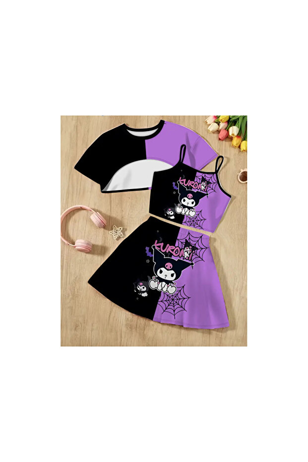 Children's Double Color Kuromi Printed 3Piece Crop-Skirt Suit