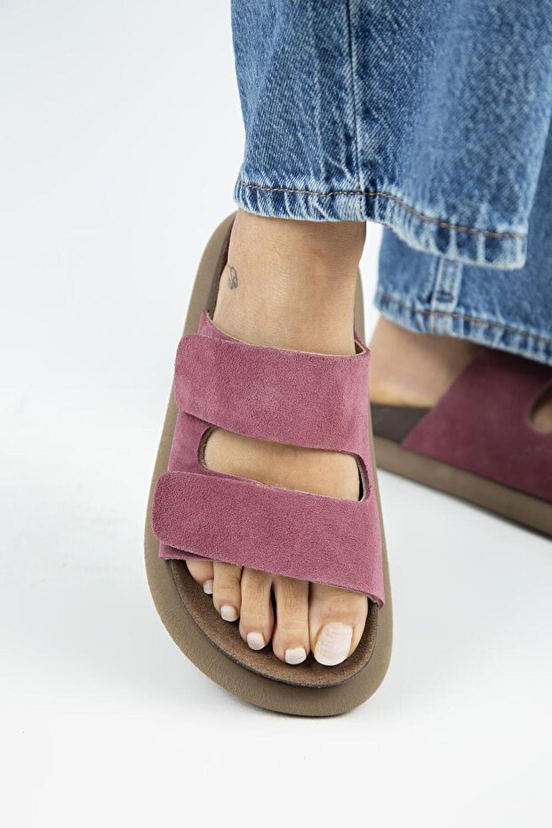 Lillo Women's Genuine Leather Double Velcro Cherry Slippers