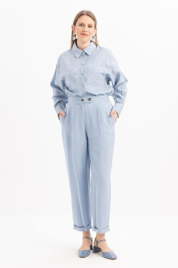 Blue-Trousers with Elastic Waist and Pockets