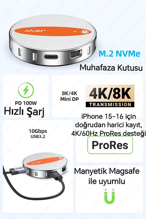 Jeyı M.2 Nvme SSD Muhafaza 2242/2230/10Gbps Pd 100W 8K/30Hz Mini Dp iPhone 15/16 ve Type-C Girişli - 2