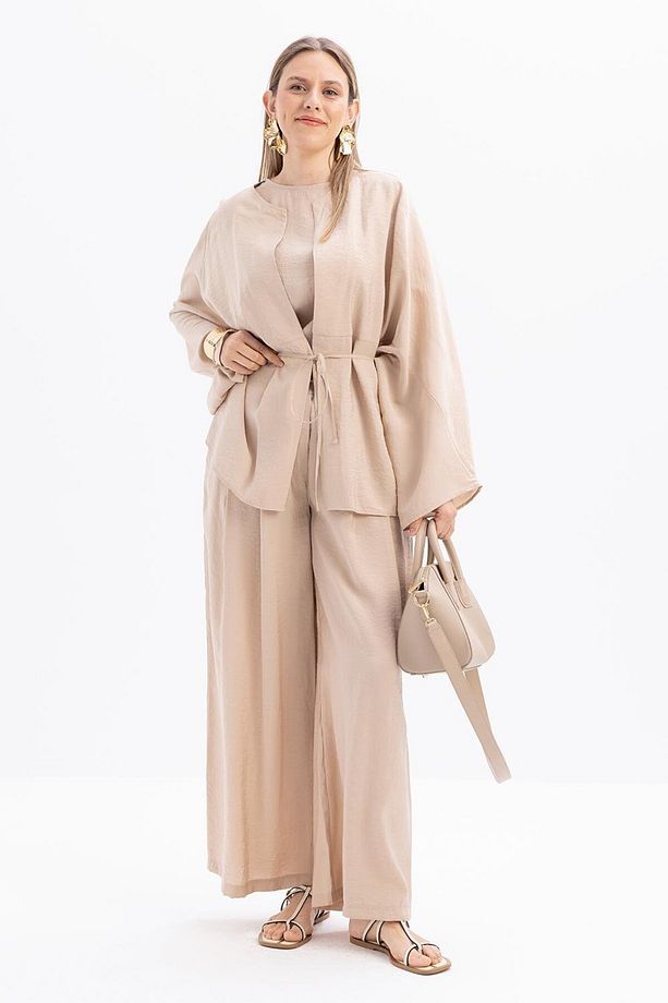Bej-Belden Bağcıklı Modal Kimono - 2