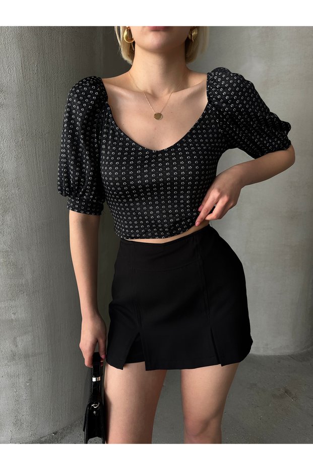 Women's Black Floral Printed Watermelon Sleeve Crepe Crop Blouse