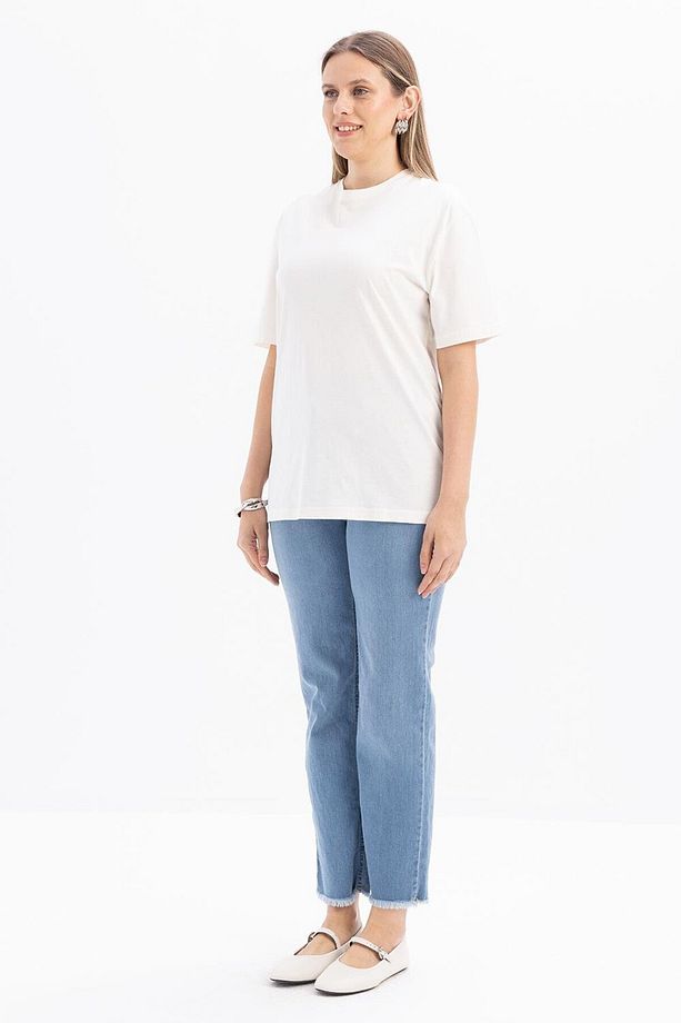 Ekru-Kısa Kollu Nakış Detaylı Süprem Tshirt - 3