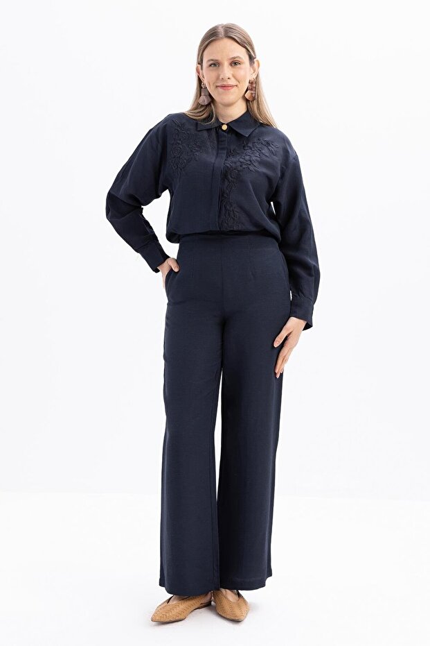 Indigo-Wide Leg Linen Trousers