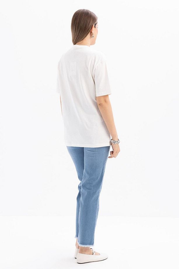 Ekru-Kısa Kollu Nakış Detaylı Süprem Tshirt - 4