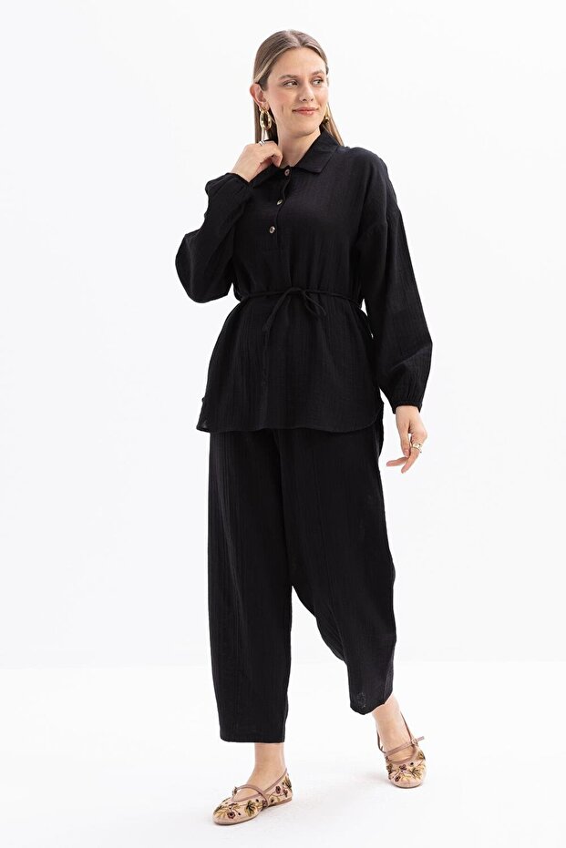Black-Half Placket Buttoned Muslin Tunic - 2
