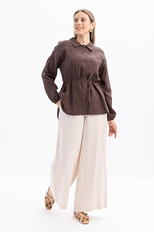 Coffee-Half Patch Buttoned Muslin Tunic - 1