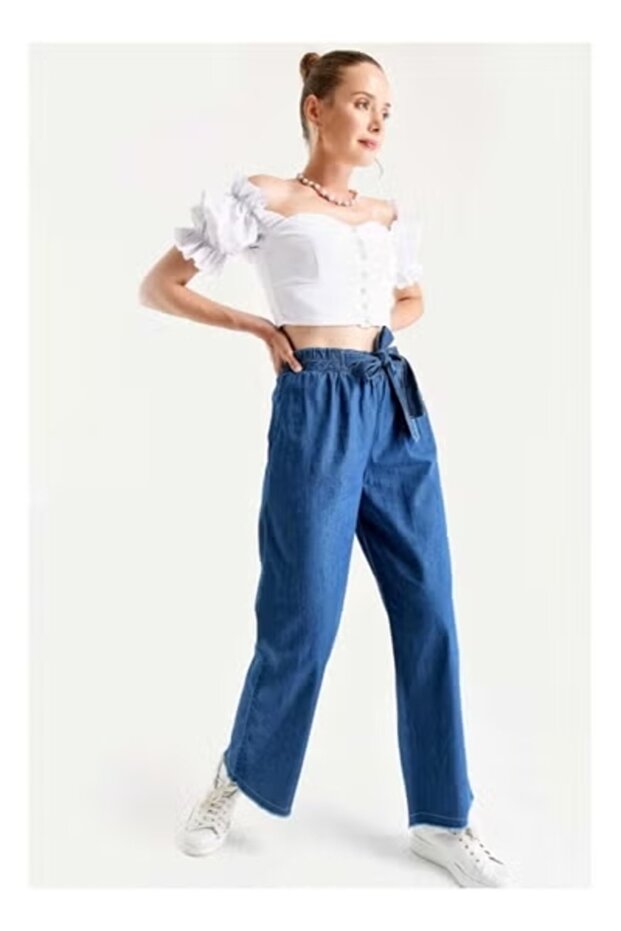 Navy Jeans With Elastic Waist