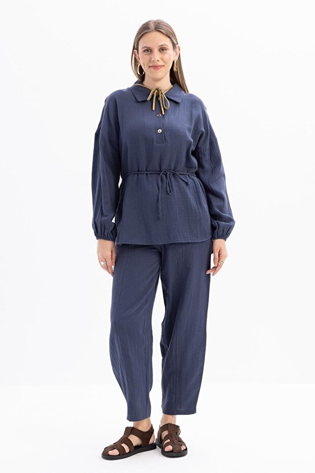 Indigo-Half Placket Buttoned Muslin Tunic - 2