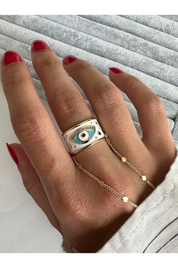 خاتم عين منقوش بالمينا البيضاء مع الحجر - 4