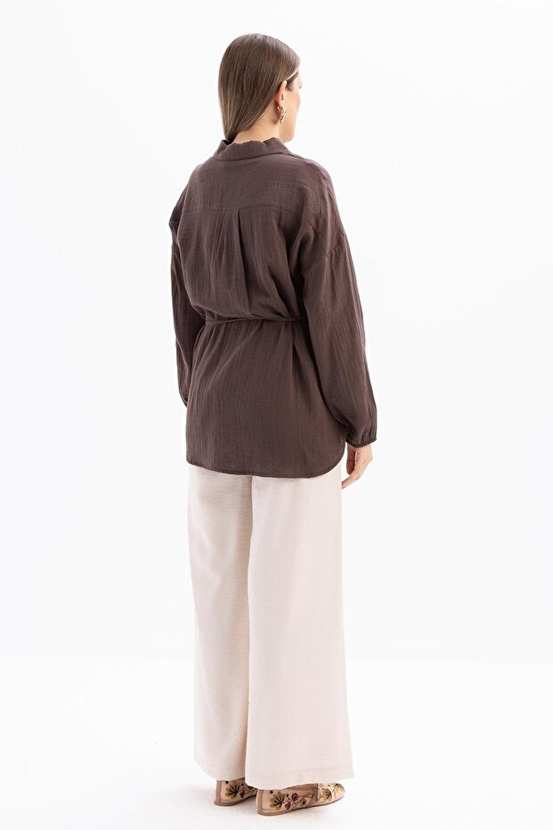 Coffee-Half Patch Buttoned Muslin Tunic - 4