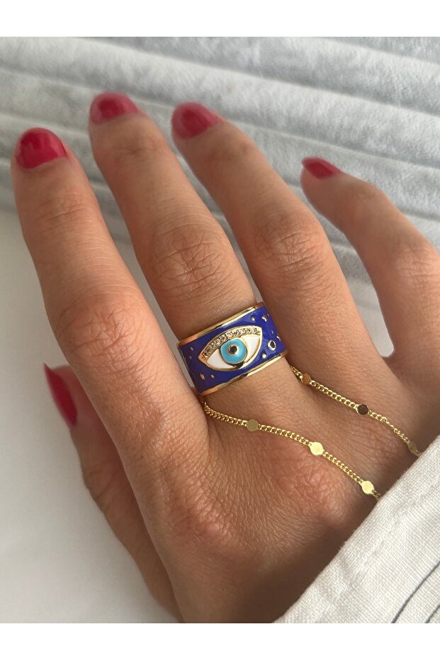 خاتم عين منقوش بالمينا باللون الأزرق الداكن - 2