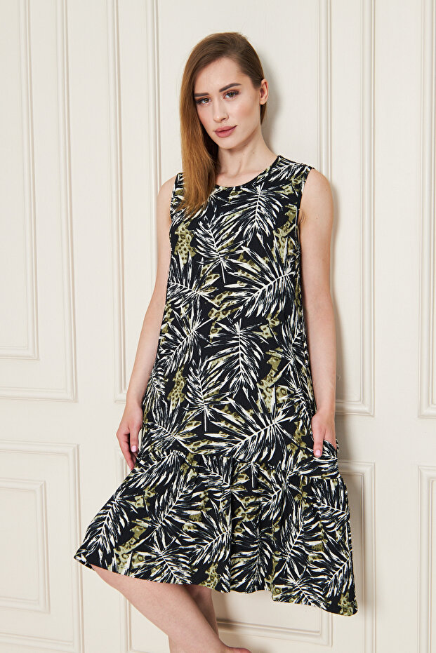 Women's Green White Leaf Patterned Circle Neck Skirt Ruffle Burmick Dress