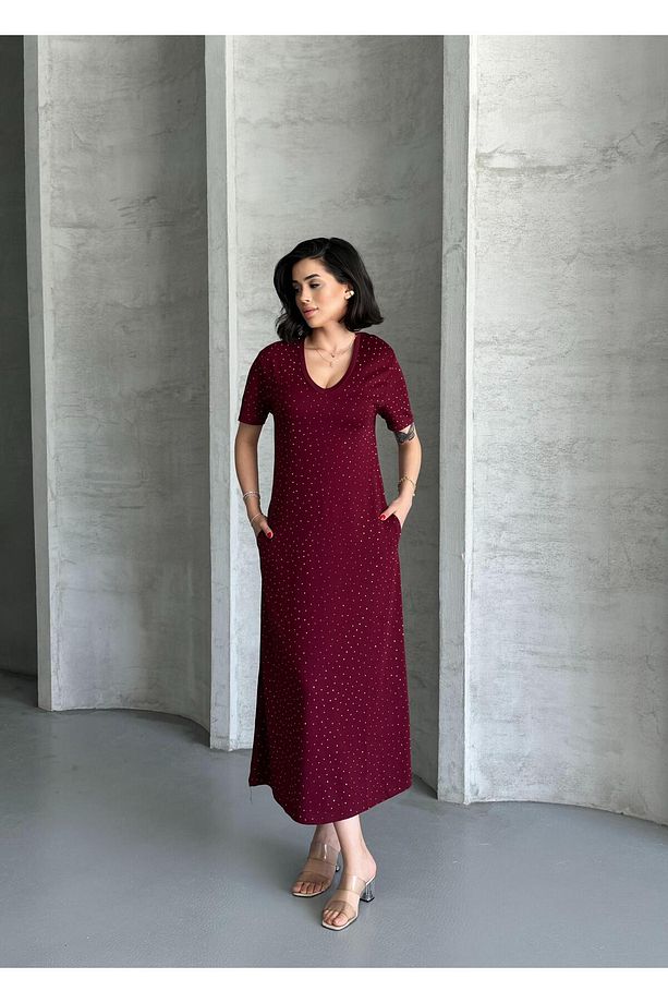 Modal Kumaş Taşlı Elbise - 1