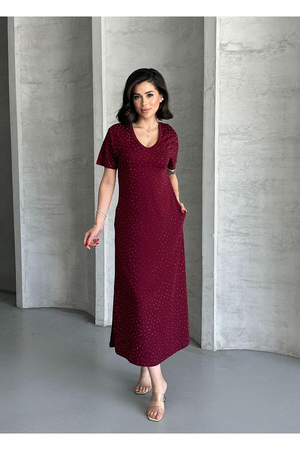 Modal Kumaş Taşlı Elbise - 7