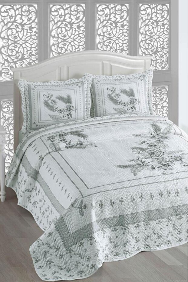 Asya Baskılı Kapitoneli Çift Kişilik Yatak Örtüsü Gri - 1