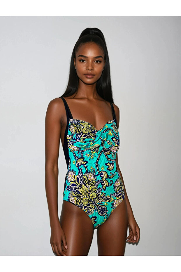 Women's Black Turquoise Patterned Large Size Swimsuit Hzl25S-Lc6279