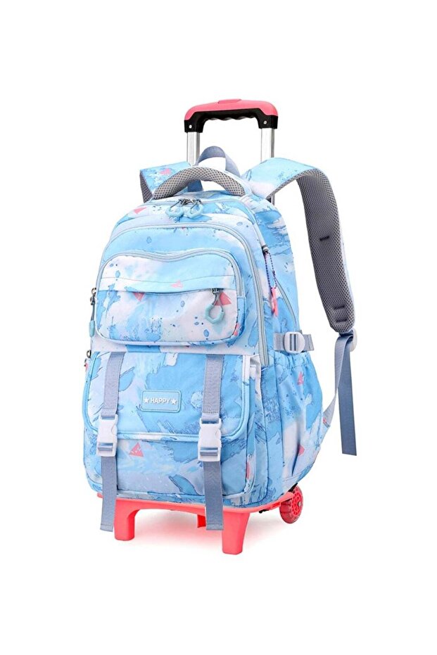 Children's Rolling Trolley Backpack with Watercolor Design in Blue
