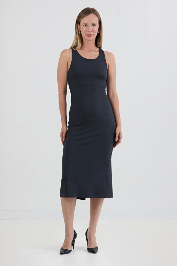 Basic Fitilli Yırtmaçlı Elbise - 3