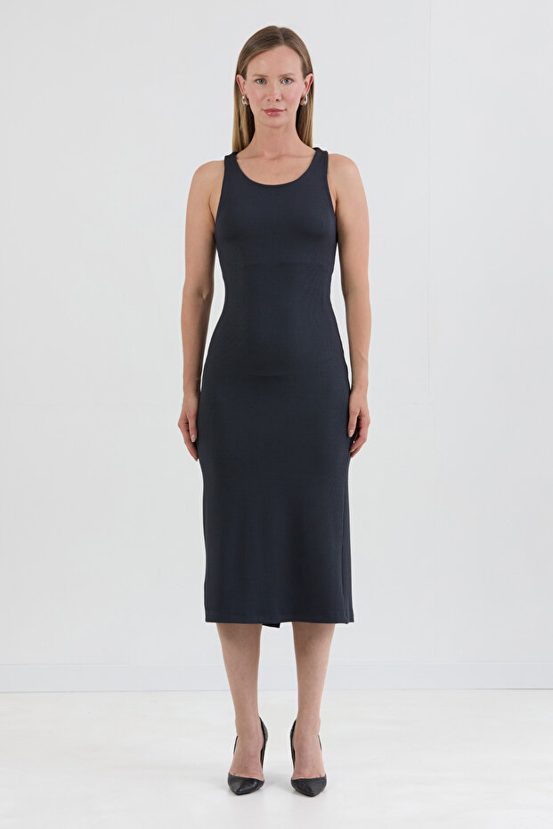 Basic Fitilli Yırtmaçlı Elbise - 7