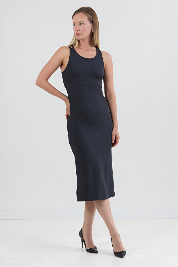 Basic Fitilli Yırtmaçlı Elbise - 4