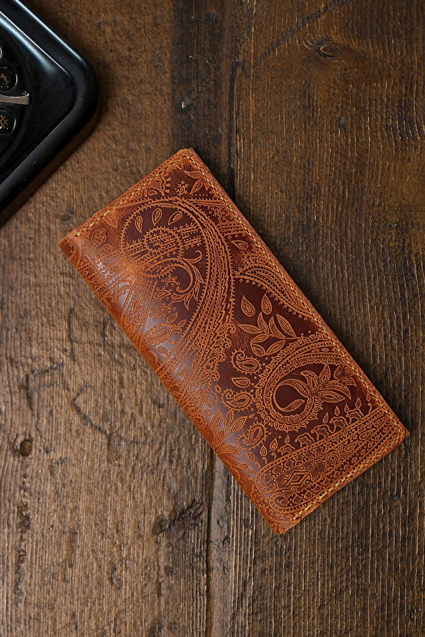Business Plus Cashmere Pattern Long Leather Wallet with Phone Compartment. Birthday & Father's Day & Valentine's Day Gift.