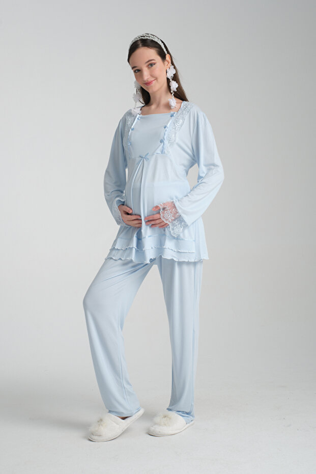 Hamile Lohusa Gecelik pijama Takımı Sabahlıklı full Set Zarif Lohusa seti - 7