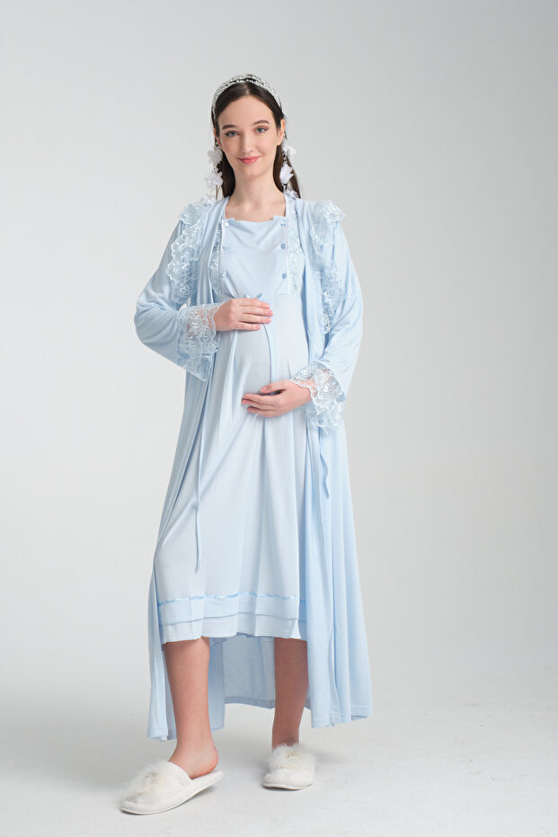 Hamile Lohusa Gecelik pijama Takımı Sabahlıklı full Set Zarif Lohusa seti - 5