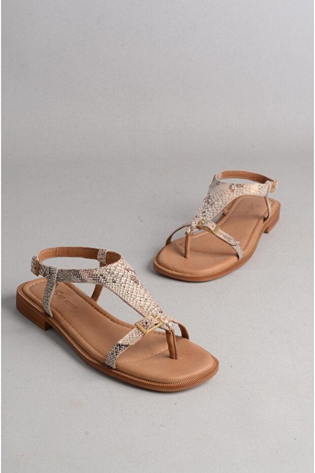Seç 16219 Genuine Leather Women's Flip Flop Sandals Beige Snake