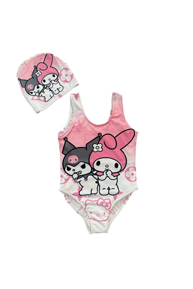 Girl's White Color Kuromi Patterned and Checkered Swimsuit