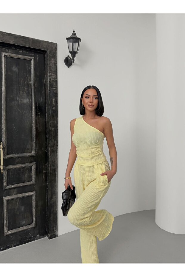 Asymmetric Neck One-Shoulder Cropped Top with Elastic Waist Fitted Pocketed Palazzo Pants Waffle Set