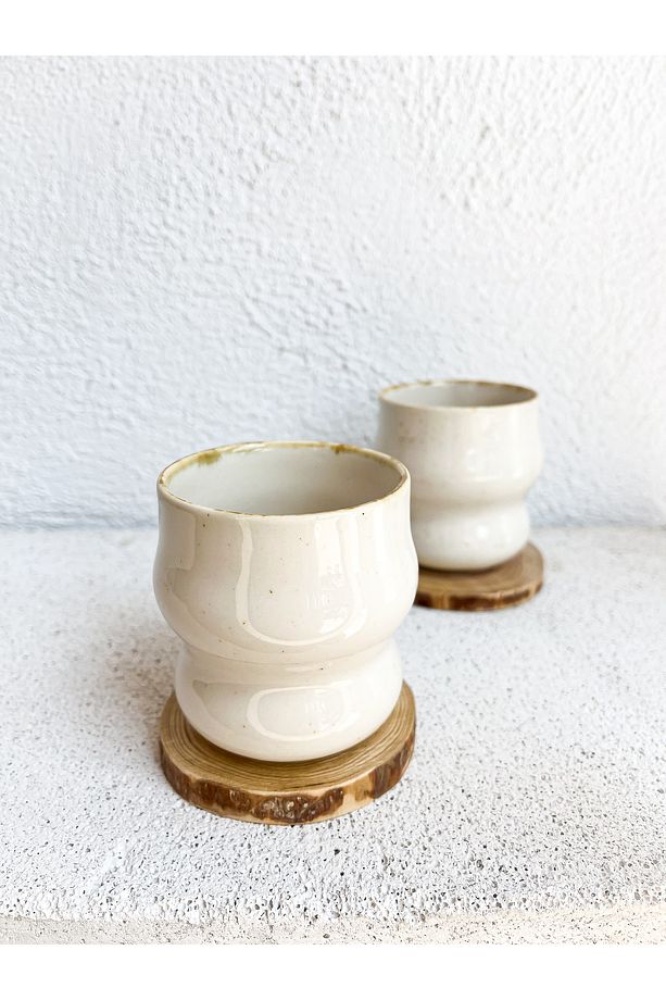 El Yapımı Stoneware Kulpsuz Ahşap Altlıklı Oval Form Bohem Kahve Bardağı - 4