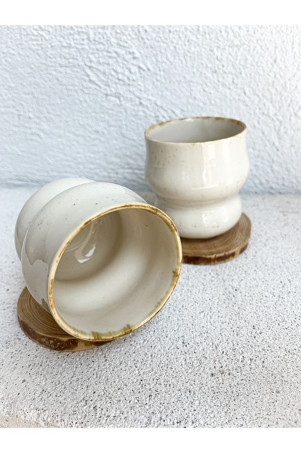 El Yapımı Stoneware Kulpsuz Ahşap Altlıklı Oval Form Bohem Kahve Bardağı - 2