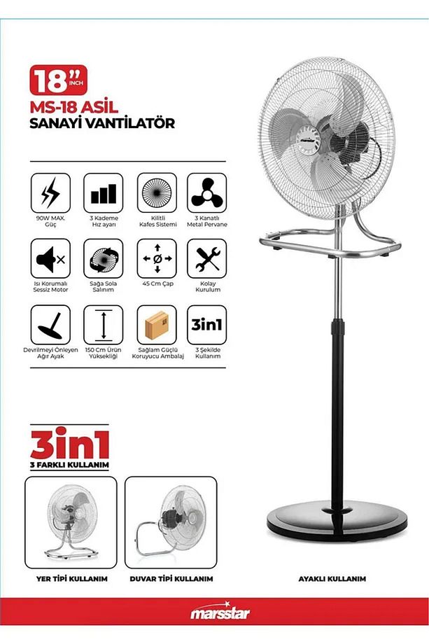 Marsstar Ms-18 Asil 18'' Sanayi Tipi Vantilatör 90w Güçlü Motor, 3in1 Ayaklı Duvar Yer Tipi Kullanım - 1